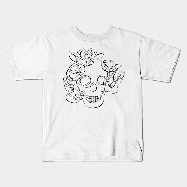 Minimalistic Continuous Line Skull with Poppies Kids T-Shirt by lissantee